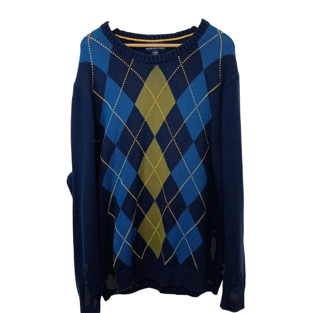 Lands End Drifter Argyle  Crew Neck Sweater Men XXL Jumper  100% Cotton Blue